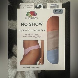 FRUIT OF THE LOOM NEW Women’s 2XL/9 Thong Panties No Show Pima Cotton 3 Pack